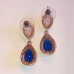 Elegant Rose Gold Tone Blue and Opaque Pink Teardrop Rhinestone Earrings Photo 3