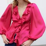 ZARA NEW ‎ WOMAN SIZE L RUFFLED BLOUSE TOP FUCHSIA V NECK LONG SLEEVE Photo 0