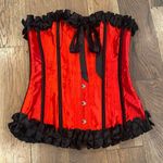 None Ruby Red Steel Bonded Satin Ribbon Overbust Ruffle Waist Trainer Corset … Photo 2