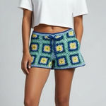 ZARA Crochet High Waisted Patchwork Boho. Shorts Bermuda Blue Sz Small Photo 0