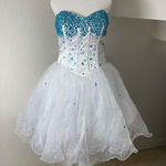 Women’s White Blue Beading Short Cocktail Prom Party Dress Corset Back Size 8 White Photo 0