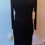 Calvin Klein  Women's Asymmetric Hem Ruched Midi Black Sheath Dress Photo 5