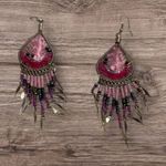Pink Thread Boho Beaded Dangle Earrings, Multicolor Fringe Festival jewelry Photo 0