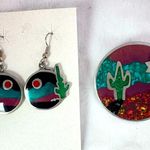Ninibah Sterling Silver Resin Desert Scene Cactus Dangle Earrings and Pin Brooch Photo 1