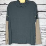 Andthewhy  NWT Size M Blue & Tan w/ White Lace Trim Cowl Neckline Blouse Top Photo 3