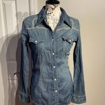 True Religion Vintage Y2k Western Cowgirl Chambray Jean shirt raw distressed Embroidered Fit Flare casual Dress Photo 0
