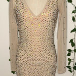 Hot Miami Styles HMS  V-Neck Bodycon Midi Mesh Sleeve Rhinestone Dress Photo 0