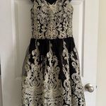 Modcloth Liza Luxe Size M Gold Black Lace Floral Dress Embroidered Scallop Hem Photo 0