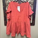 Bloom chic coral textured short ruffle/hem sleeves vneck faux button blouse Photo 2
