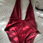 Aerie burgundy plunge deep V halter full coverage one piece swimsuit large Photo 0