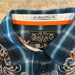 GRACE IN LA  Teal and Orange Embroidered Plaid Shirt New Without Tags Photo 1