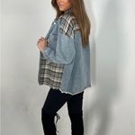 Flannel Plaid Patterned Jean Jacket Black Photo 2