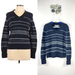 Tommy Hilfiger V Neck Thick Sweater Dark Blue White Patterned Stripe Size Large Photo 1