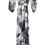 Sans Souci NEW Boho Tropical Palm Print Off Shoulder Maxi Dress 3/4 Sleeve TieWaist S White Photo 5