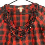 J.Crew Red & Black Silk Short Sleeve Plaid Beaded Neck Blouse Women Sz 2 Photo 2