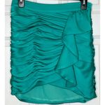 Ramy Brook  Teal Satin Ruched Mini Skirt with Ruffle Side Zip Size 4 Photo 8