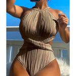 Tan Beige Textured Halter Cut Out One Piece Swimsuit Plus Size 2XL Photo 3