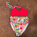 Summer Mae Red Halter Bikini Top High Waist Floral Print Swimsuit Set Size XL Pink Photo 2