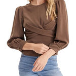 EXPRESS  Women’s Satin Crew Neck Puff Sleeve Wrap Top Brown Blouse Size Large Photo 0