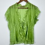 Notations Vintage Y2K  Tie Front Green Striped Ruffle Sheer Blouse Overlay Size M Photo 0