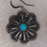 Handmade Navajo Sterling Silver Turquoise Old Look Stamp Dangle Concho Earrings. Photo 5