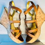 Marc Fisher Genny Medium Brown Leather Wedge Sandals Gold Details, 10M Photo 2