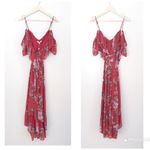WAYF  Red Floral Print Chiffon Midi‎ Dress Ruffle Off The Shoulder Size Small New Photo 2