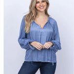 Ramy Brook  Blake Blouse Medium Steel Blue Chevron Pleated Ethereal Peasant Flowy Photo 0