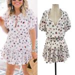 Buddy Love Ray Mini Dress Smocked Short Sleeve Brush Print White Size Medium Photo 1