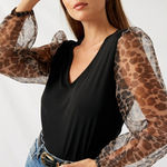 Hayden NEW  LA Black Leopard Puff Sleeve Black Top Women’s Medium Photo 0