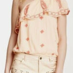 Free People  Orange Easy On The Eyes One Shoulder Embroidered Cotton Blouse Top Photo 0