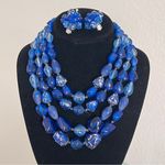 Vintage W Germany 1960s four strand blue resin beads necklace clip earrings set Photo 0