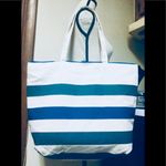 Large White Tote Bag/Purse w/ Grey & Blue Stripes Photo 1