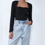 ZARA  Textured Square Neck Long Sleeve Black‎ Bodysuit Top Size Small Photo 2