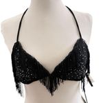 White Fox Boutique White Fox Fringe Matching Set Shorts Triangle Top Rhinestone Black Medium NEW Photo 3