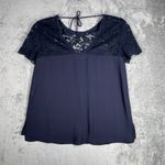 ZARA  Shirt Womens Medium Navy Blue Blouse Sheer Lace‎ Casual Neutral Minimalist Photo 2