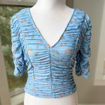 ZARA Baby Blue Pink Floral Mesh Rusched V Neck Elbow Sleeve Top Size Small Photo 0