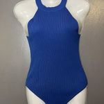 Happily Grey Bodysuit Womens Large Blue Ribbed Sleeveless High Neck Stretch Photo 0