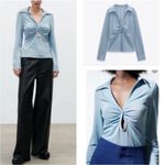 ZARA NWOT  Blue Sparkling Ruched Button Front Cutout
Long Sleeve Blouse Top Photo 2