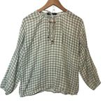 ZARA Green White Gingham Plaid Long Elastic Sleeve Front Key Hole Tie Blouse Top Photo 0