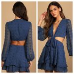 Lulus NEW  Navy Blue Swiss Dot Cutout Mini Dress Long Sleeve V-Neck Womens L Photo 5