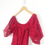 ZARA Red Lace Off Shoulder Midi Dress Medium Puff Sleeve Button Front Photo 6