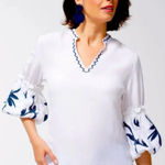 Chico's Chico’s Lantern Sleeve White Linen Peasant Top Blue Embroidery Beadwork 2 L Photo 0
