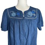 Go Softly Patio Blue Embroidered Denim Dress Small Zip Front Short Sleeves Photo 1