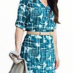 Goldray Cristen Teal Print Belted Roll Tab Elbow Short Sleeve Shirt Dress Size M Photo 0