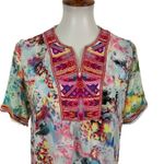Caleoaa Womens Top Medium Embroidered Short Sleeve Boho Festival Ethnic Photo 1