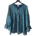 AnnieWear Los Angeles Boho Chiffon Blouse L Blue Green Ikat Ruffle Sleeve Size L Photo 0
