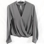 Slate Gray Surplice Choker Neck Long Sleeve Blouse Top Photo 0