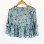 Arizona Jeans Arizona Jean Company Green Blouse with Bell Sleeves and Ruffled Peplum Photo 1