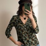Vintage Green Geometric Top Mod Print Retro 70s Inspired Funky Groovy Small Photo 0
